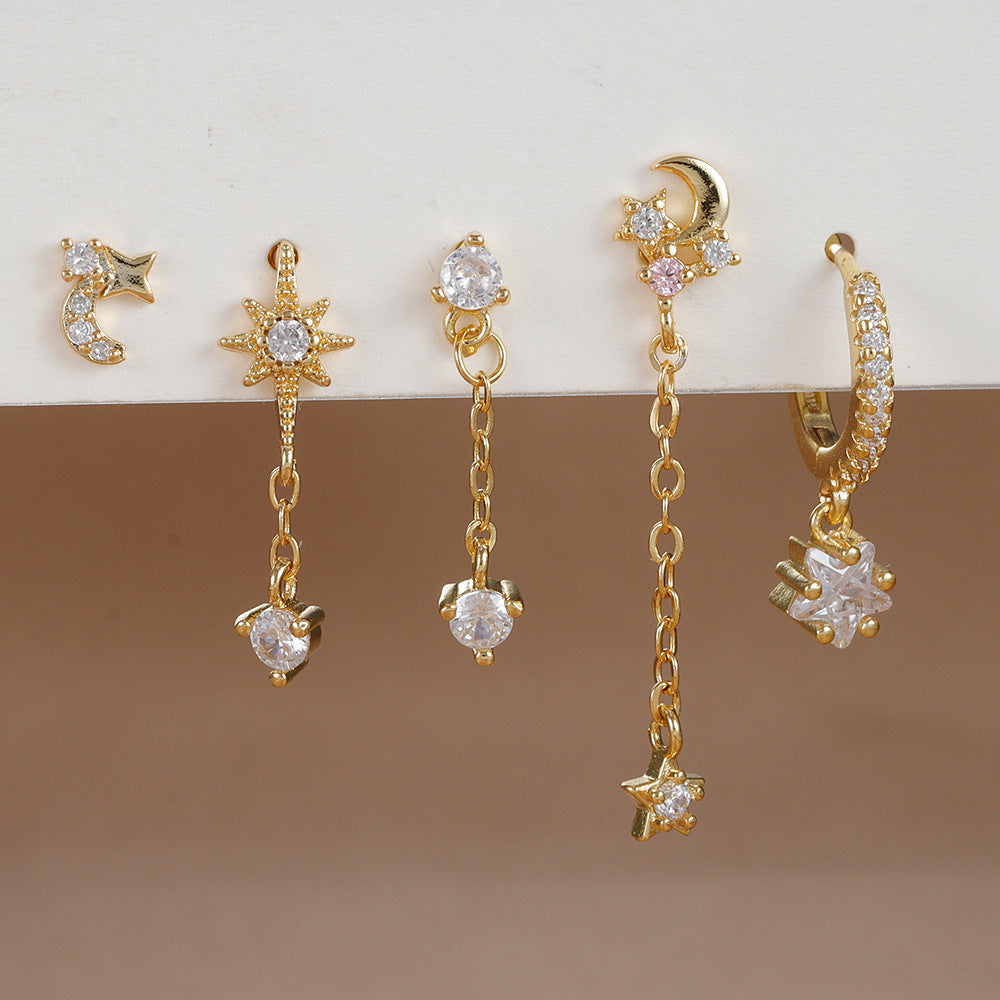 Five-piece Earings Set Chain Star Moon